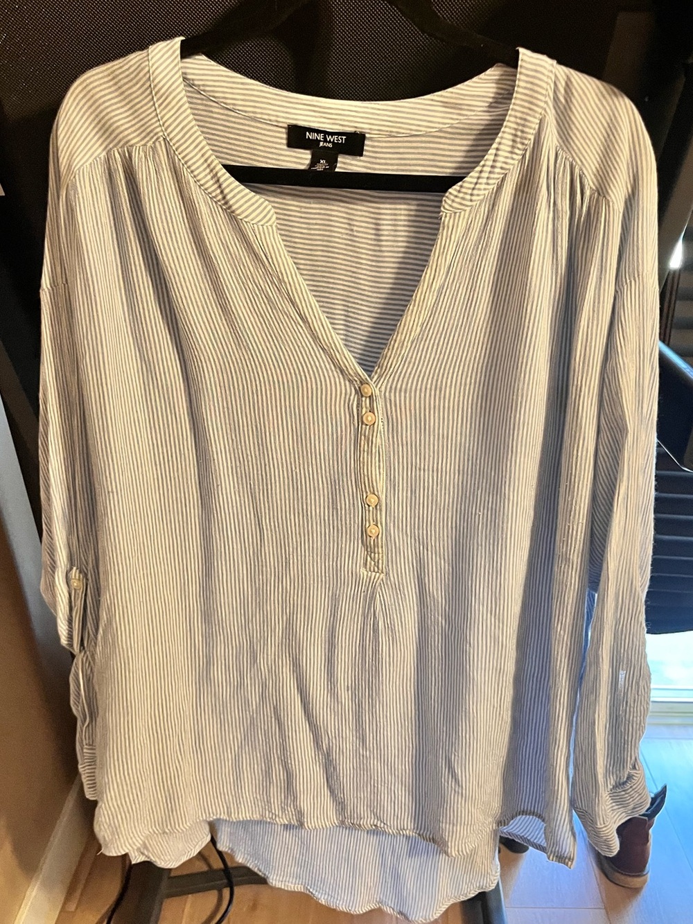 Nine West Blue and White Pinstripe Henley Tunic